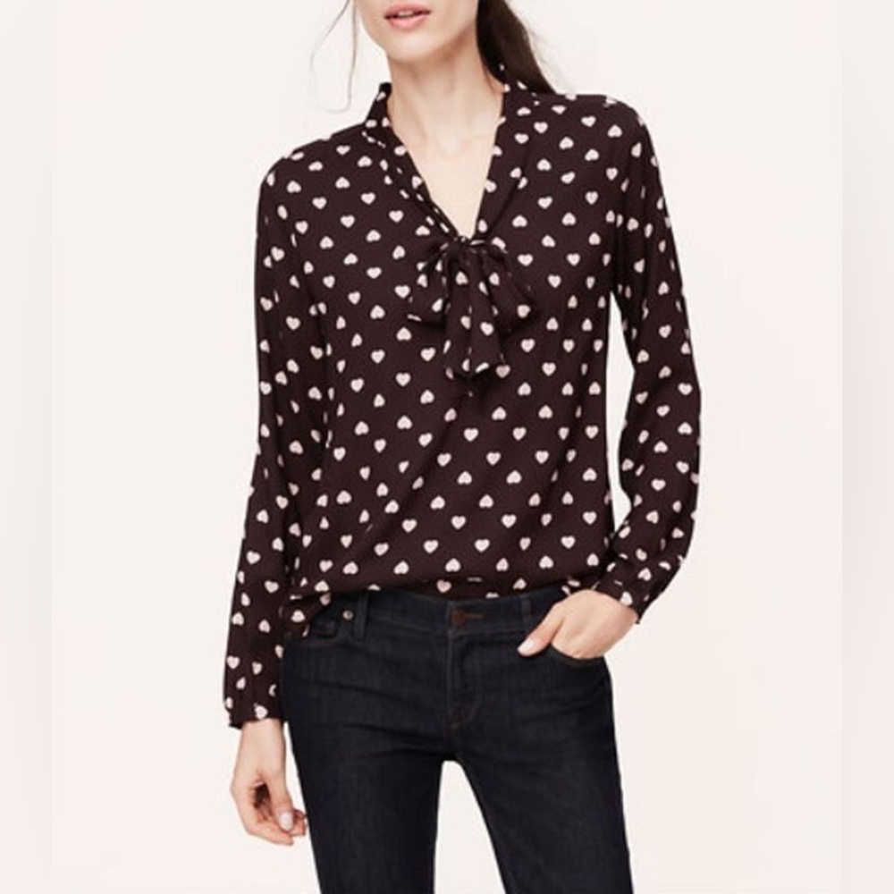 LOFT bow blouse with hearts size Large